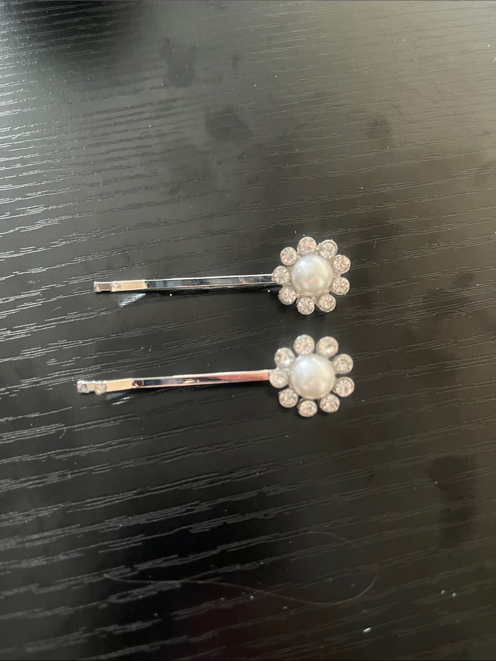 Pearl & Rhinestone Flower Bobby Pins Silver Hair Clips Set of 2